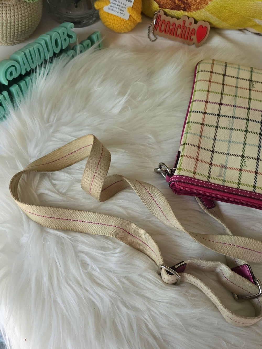 Coach Tattersall Cream Plaid Crossbody Bag with Pink Trim - Picture 13 of 13